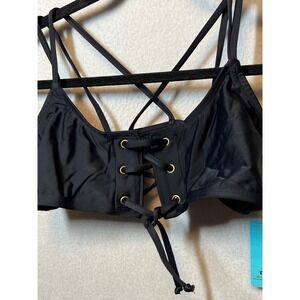 BeachCandy Black Lace‎ Up Bikini Top Criss Cross Strappy Swimsuit Size M